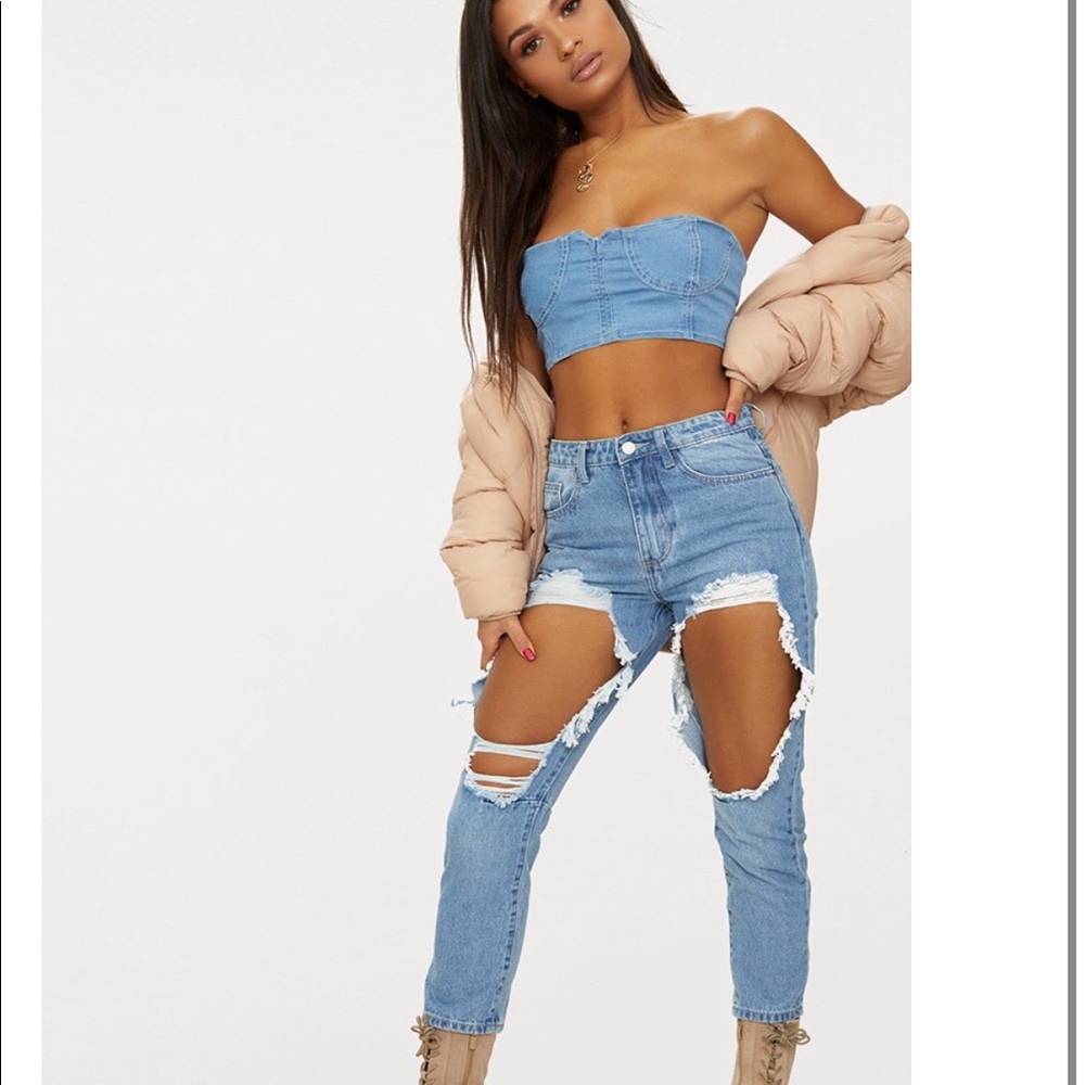 Pretty little thing mid wash boyfriend extreme rip jeans
